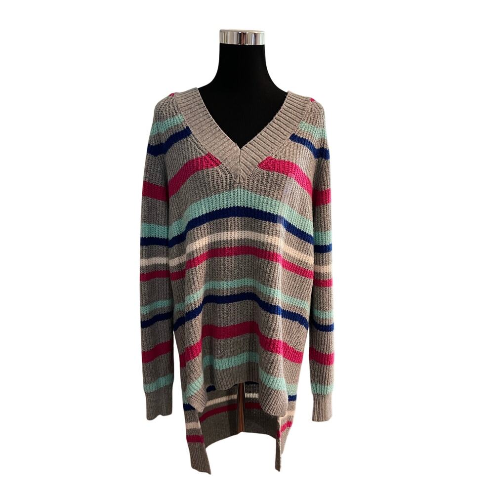 NWT A.N.A. Womens Gray Multicolor Striped V-Neck Pullover Sweater L MSRP $44